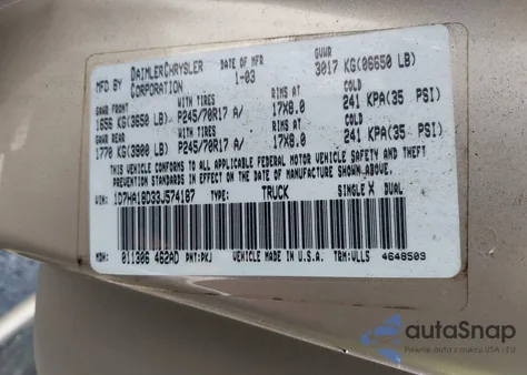 2003 Dodge Ram 1500 Slt/Laramie/St из США, поврежденный, VIN 1D7HA18D33J574187